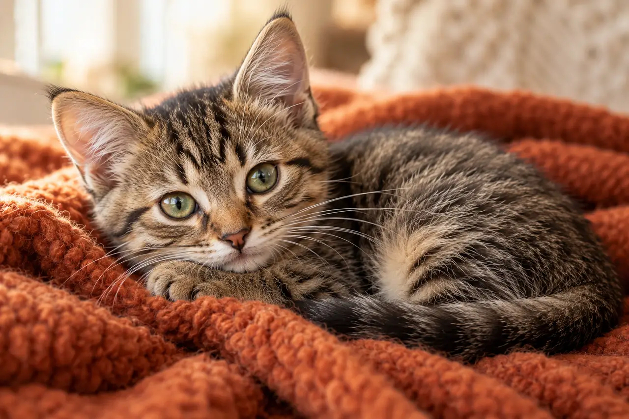 Generated kitten on a warm rust blanket