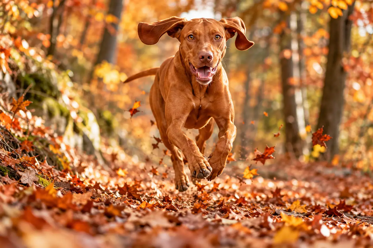 Vizsla running through a sunlit autumn woodland