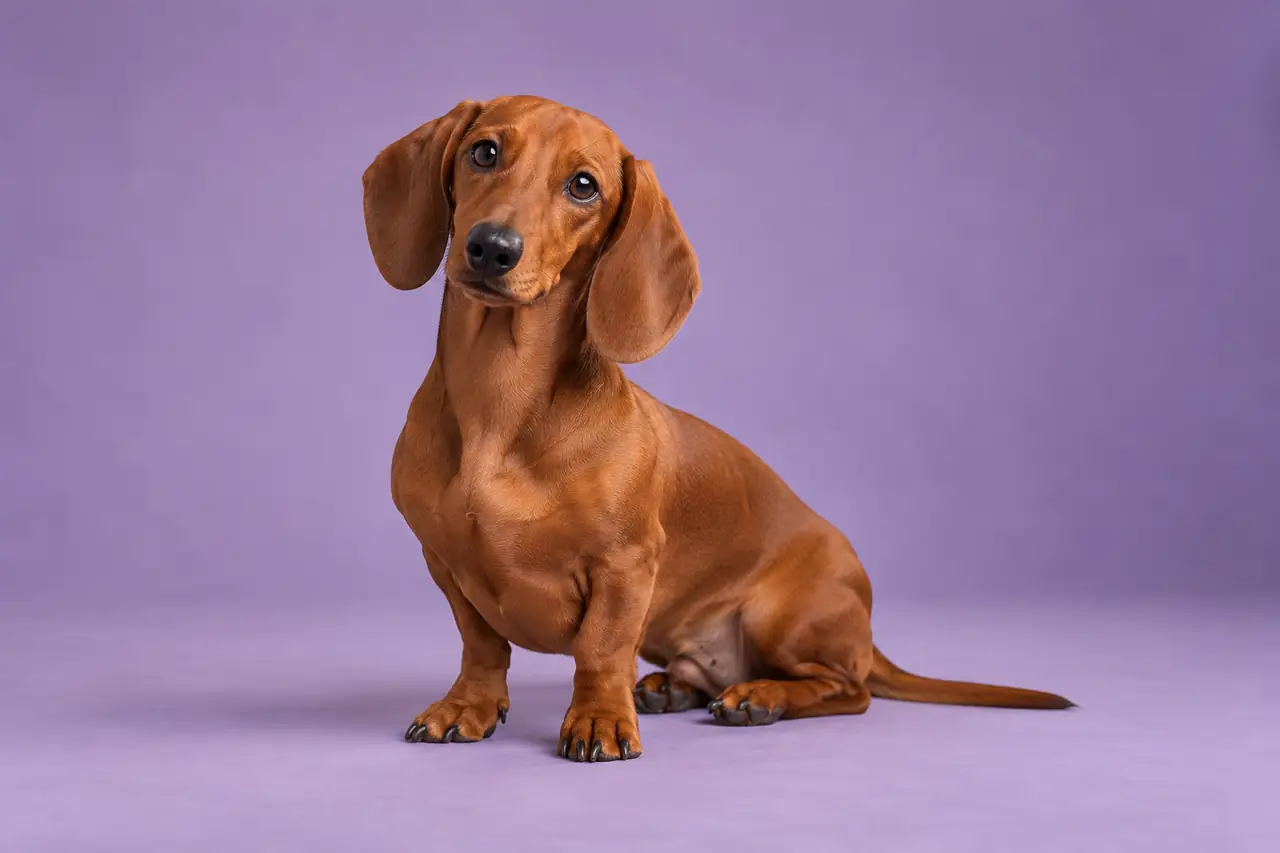 Dachshund on a muted purple studio background