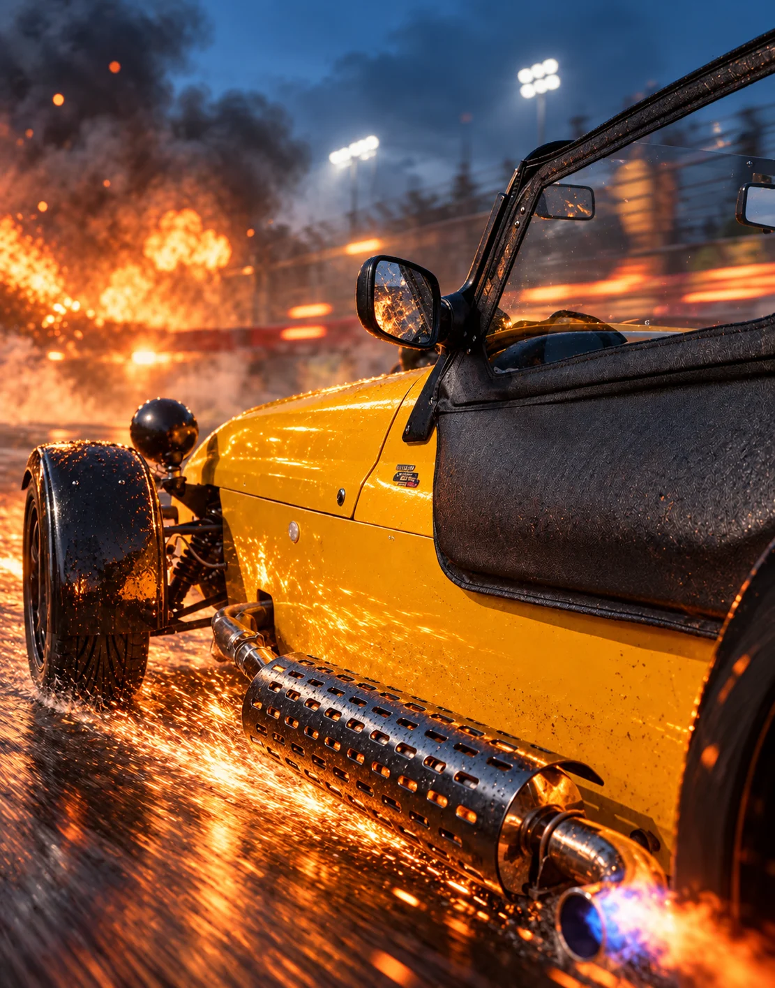 Westfield bodywork and exhaust lit by fire and sparks