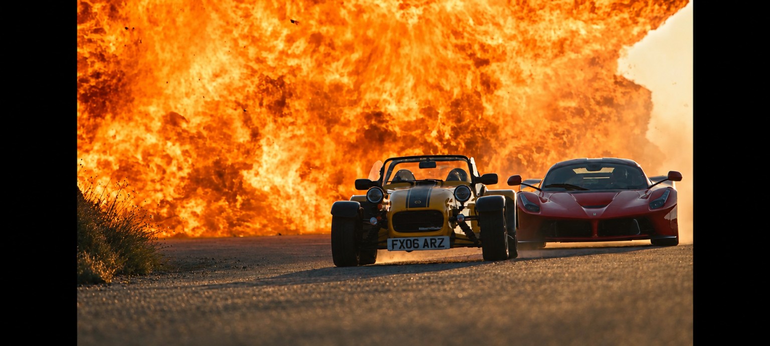 The yellow Westfield racing in front of a spectacular wall of fire