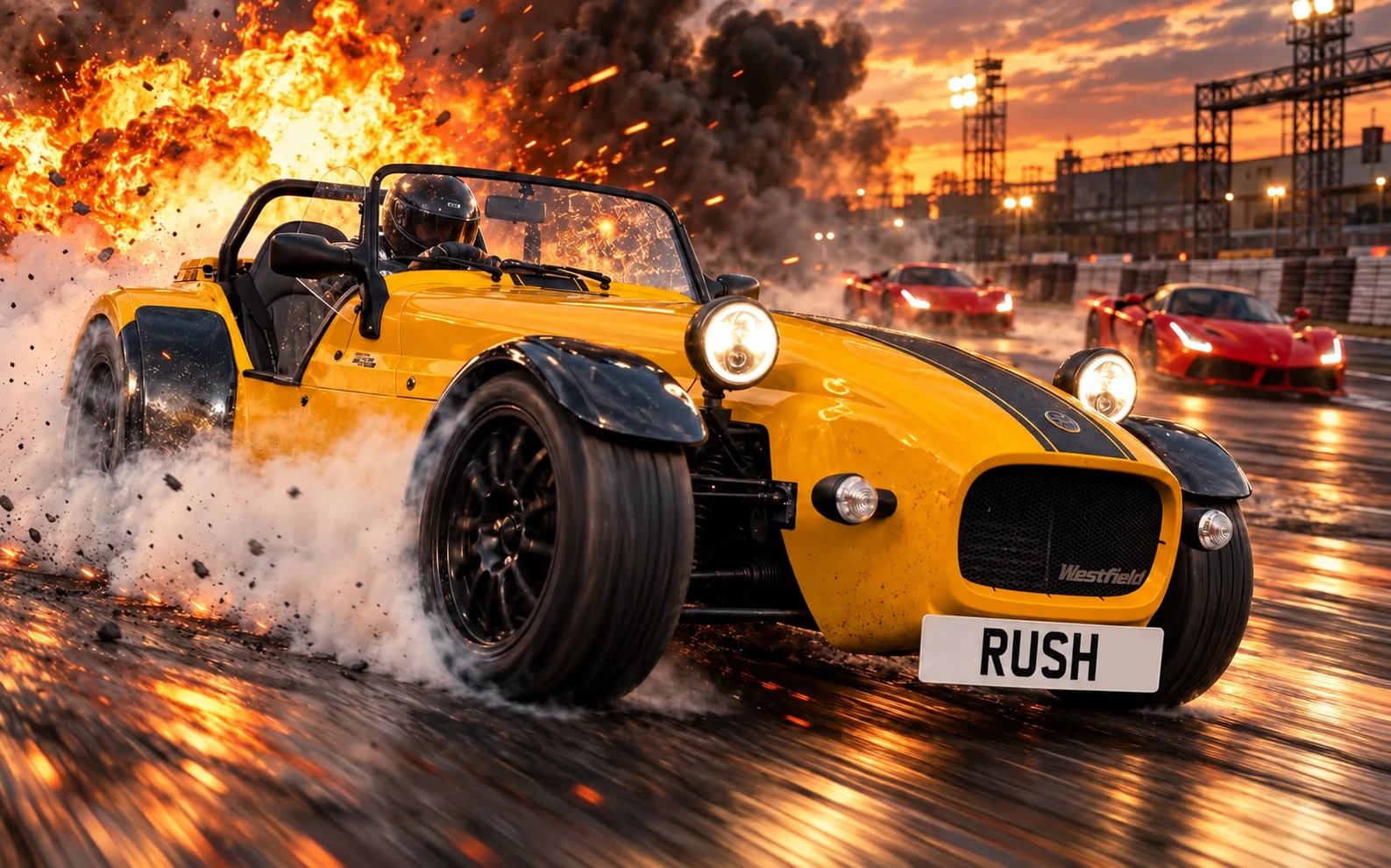 The yellow Westfield RUSH drifting through smoke and sparks